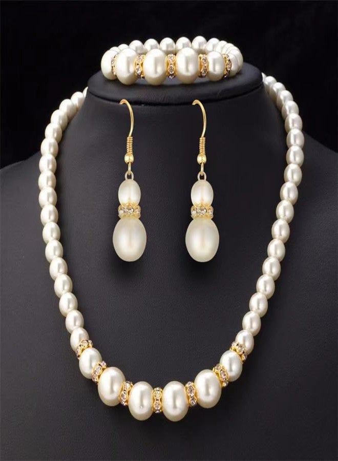 DATOA 3 Pcs Set Elegant Pearl Round Beads Imitation Pearl Acrylic Necklace Earrings Bracelet Sparkling Crystal Jewelry for Women Wedding Engagement Jewelry Set - Gold - Image 2